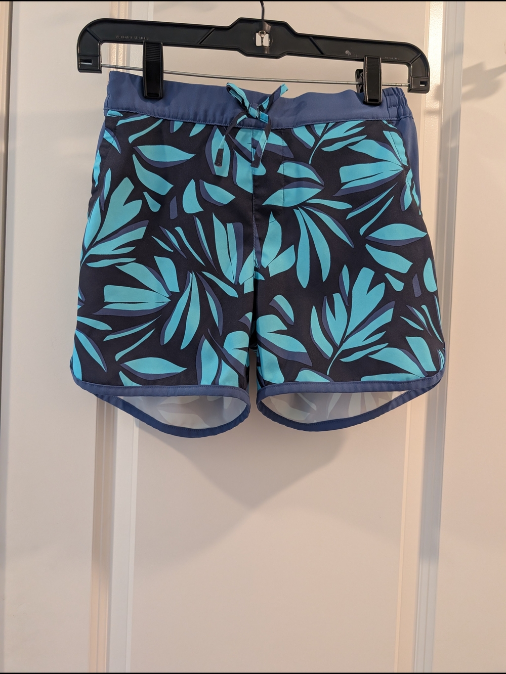 Kids Navy Shorts with Aqua Leaf Print - Elastic Waist